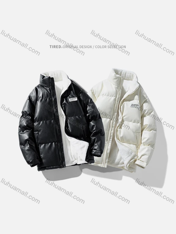 Wholesale Men's Fashion Plain Zip Up Patch Pocket Stand Collar PU Leather Cotton-Padded Puffer Jacket 6-2368#