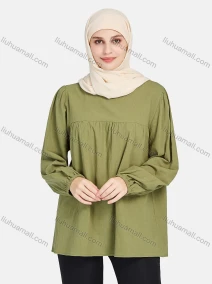 Wholesale Women's Elegant Plain Round Neck Long Sleeve Blouse 1392-Dark Green#, LIUHUA CLOTHING WHOLESALE