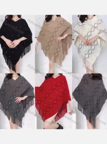 Wholesale Women's Casual Pearl Decro Wave Scarf Hem Knit Cape, LIUHUA CLOTHING WHOLESALE