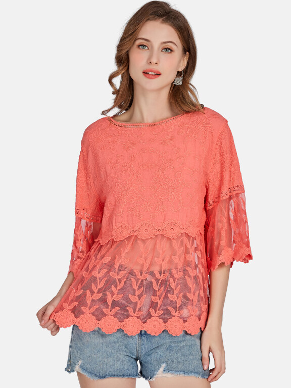 Women's Casual 3/4 Sleeve Hollow Out Embroidered Guipure Lace Blouse 2001#, Clothing Wholesale Market -LIUHUA, 