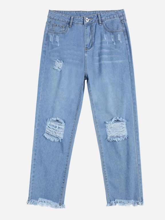 Women's Casual Ripped Denim Button Closure Straight Leg Jean, Clothing Wholesale Market -LIUHUA, Jeans%20%26%20Denim