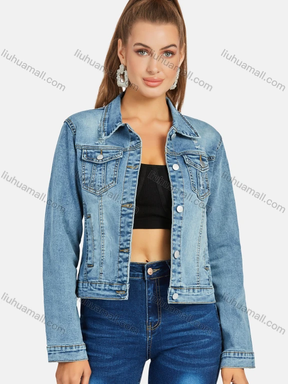 Wholesale Women's Casual Distressed Ripped Flap Pockets Long Sleeve Button Down Denim Jacklet
