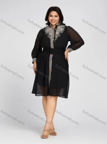 Wholesale Women's Chiffon Stand Collar Embroidery Floral High Waist Long Sleeve Button Down Knee Length Dress With Belt, LIUHUA CLOTHING WHOLESALE