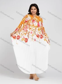 Wholesale Women's Crew Neck Loose Fit Floral Print Pleated Bell Sleeve High Low Hem Kaftan Dress, LIUHUA CLOTHING WHOLESALE