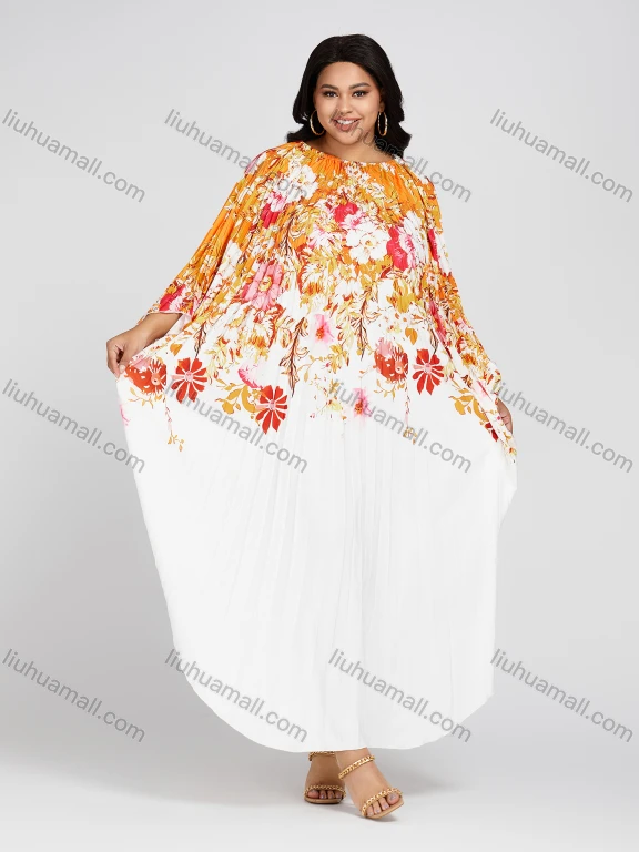 Wholesale Women's Crew Neck Loose Fit Floral Print Pleated Bell Sleeve High Low Hem Kaftan Dress