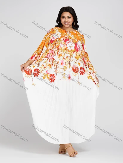 Wholesale Women's Crew Neck Loose Fit Floral Print Pleated Bell Sleeve High Low Hem Kaftan Dress