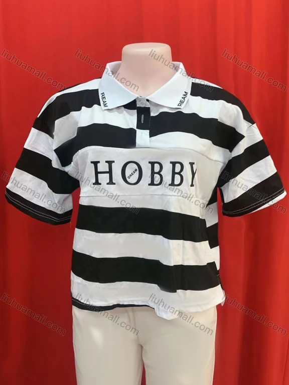 Wholesale Women's Casual Striped Letter Print Short Sleeve Polo Shirt