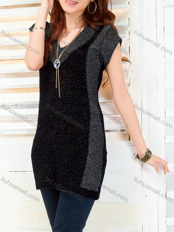 Wholesale Women's Casual Colorblock V Neck Glittery Cap Sleeve Mid Length Sweater Top 1032#