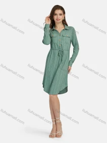 Wholesale Women's Casual Collared Drawstring Button Down Curved Hem Shirt Dress 3097#, LIUHUA CLOTHING WHOLESALE