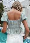 Wholesale Women's Scoop Neck Puff Sleeve Lace Up Ruched Open Back Layered Ruffle Trim Crop Blouse AY083# - Liuhuamall