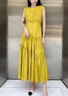 Wholesale Women's Casual Plain Round Neck Ruched Splicing Ruffle Hem Tank Midi Dress - Liuhuamall