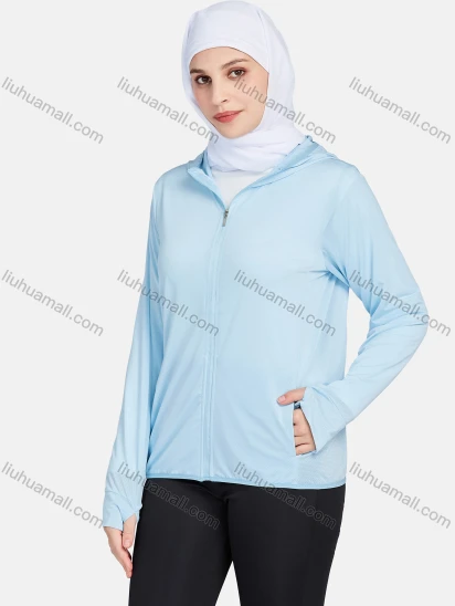 Wholesale Women's Sporty Hooded Windproof Breathable Dual Pockets Long Sleeve Jackets 1390-Blue#