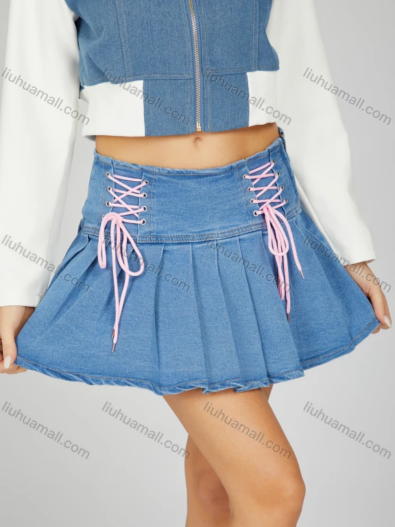 Wholesale Women's Fashion Plain Lace Up High Waist Pleated Mini Denim Skirt