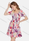 Wholesale Women's Casual Floral Print Shirred Square Neck Short Sleeve Ruffle Hem Short Dress - Liuhuamall