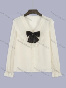 Wholesale Women's Casual Plain Lace V-Neck Bowknot Ruffle Trim Poet Sleeve Blouse, LIUHUA CLOTHING WHOLESALE