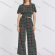 Wholesale Women's Elegant Plaid Shirred Ruffle Trim Short Sleeve Crop Blouse & Pants 2 Piece Set 765# Green Guangzhou Clothing Wholesale Market & Suppliers -LIUHUAMALL