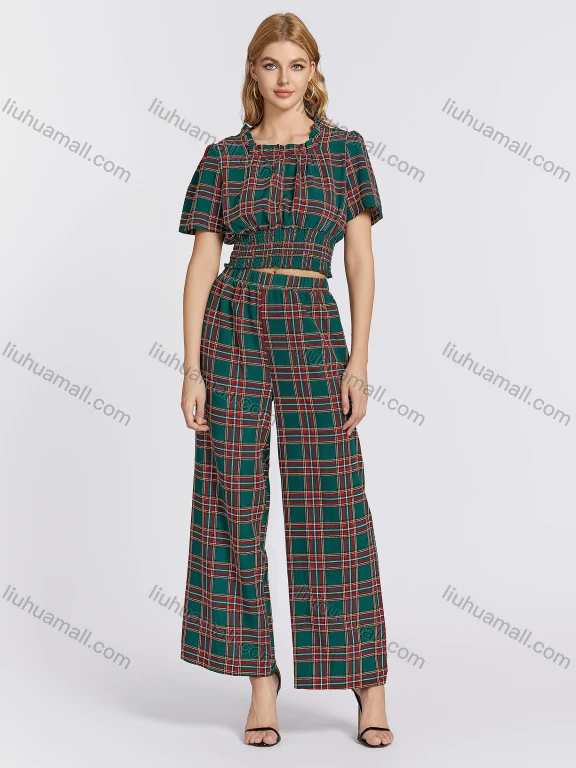 Wholesale Women's Elegant Plaid Shirred Ruffle Trim Short Sleeve Crop Blouse & Pants 2 Piece Set 765#