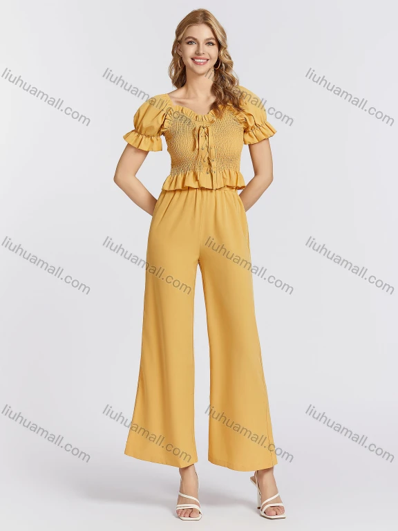 Wholesale Women's Elegant Plain Shirred Drawstring Ruffle Trim Short Sleeve Crop Blouse & Pants 2 Piece Set 764#