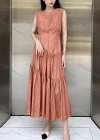 Wholesale Women's Casual Plain Round Neck Ruched Splicing Ruffle Hem Tank Midi Dress - Liuhuamall