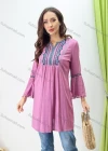 Wholesale Women's Elegant Notched Neck Bloues Pompom Trumpet Sleeve Embroidery Tunic 073# - Liuhuamall