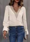 Wholesale Women's Casual Plain V Neck Embroidery Long Sleeve Blouse - Liuhuamall