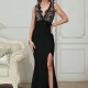 Women's Elegant Plunge Neck Split Thign Eyelash Lace Maxi Evening Dress Black Clothing Wholesale Market -LIUHUA