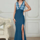 Women's Elegant Plunge Neck Split Thign Eyelash Lace Maxi Evening Dress T133# Clothing Wholesale Market -LIUHUA