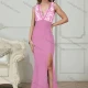 Wholesale Women's Elegant Plunge Neck Split Thign Eyelash Lace Maxi Evening Dress T267# Clothing Wholesale Market Liuhua