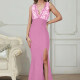 Women's Elegant Plunge Neck Split Thign Eyelash Lace Maxi Evening Dress T267# Clothing Wholesale Market -LIUHUA