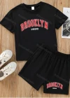 Wholesale Girls Casual Letter T-shirt & Elastic Waist Shorts Set - Liuhuamall
