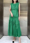 Wholesale Women's Casual Plain Round Neck Ruched Splicing Ruffle Hem Tank Midi Dress - Liuhuamall
