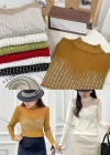 Wholesale Women's Casual Mock Neck Long Sleeve Rhinestone Blouse - Liuhuamall