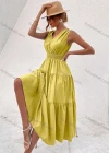 Wholesale Women's Casual Plain V Neck Ruched Lace Up Ruffle Hem Midi Tank Dress - Liuhuamall