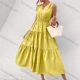 Wholesale Women's Casual Plain V Neck Ruched Lace Up Ruffle Hem Midi Tank Dress Yellow Clothing Wholesale Market Liuhua