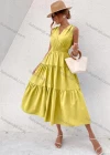 Wholesale Women's Casual Plain V Neck Ruched Lace Up Ruffle Hem Midi Tank Dress - Liuhuamall