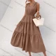 Wholesale Women's Casual Plain V Neck Ruched Lace Up Ruffle Hem Midi Tank Dress 12# Clothing Wholesale Market Liuhua
