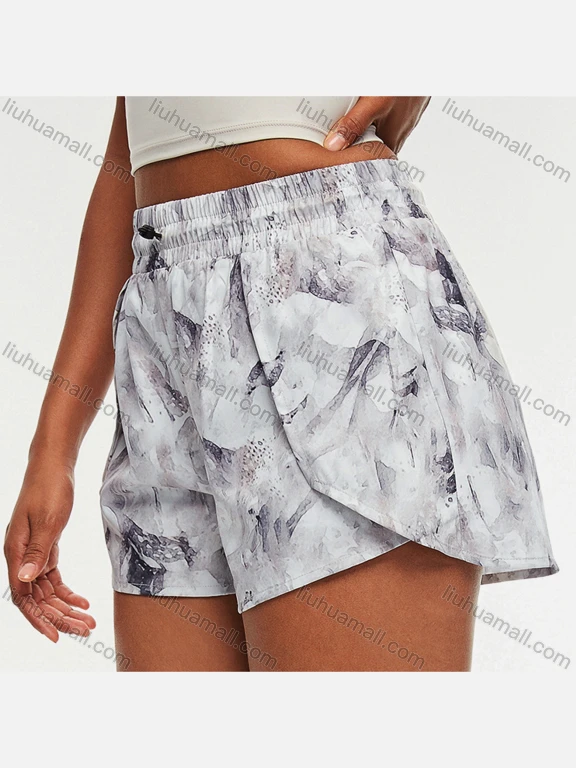 Wholesale Women's Sporty Drawstring Fake 2-piece Breathable Quick Dry Ink Print Shorts