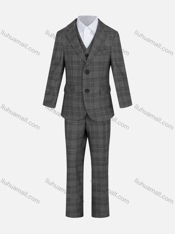 Wholesale Kid's Formal Lapel Pockets Plaid Print Single Breasted Blazer & Vest & Pant 3 Pieces Suit Set 31965-1#