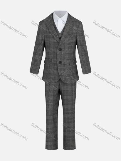 Wholesale Kid's Formal Lapel Pockets Plaid Print Single Breasted Blazer & Vest & Pant 3 Pieces Suit Set 31965-1#