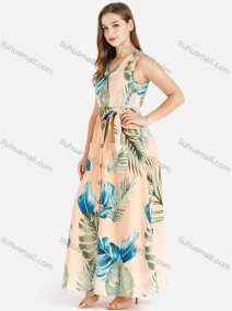 Wholesale Women's Casual V-Neck Sleeveless Buttons Down Tropical Print Maxi Tank Dress With Belt, LIUHUA CLOTHING WHOLESALE