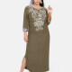 Women's African Embroidery Robe 3/4 Sleeve Split Side Curved Hem Maxi Dress Camel Clothing Wholesale Market -LIUHUA