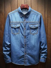 Wholesale Men's Casual Collared Long Sleeve Plain Button Down Denim Shirt, LIUHUA CLOTHING WHOLESALE