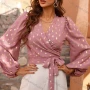 Wholesale Women's Casual Polka Dot Wrap V Neck Puff Sleeve Tie Front Blouse preview