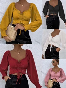 Wholesale Women's Casual Sweetheart Neck Shirred Drawstring Swiss Dot Crop Blouse 932#, LIUHUA CLOTHING WHOLESALE