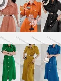Wholesale Women's Casual Collared Short Sleeve Plain Split Front Belted Shirt Dress 9961#, LIUHUA CLOTHING WHOLESALE