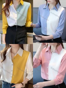 Wholesale Women's Casual Colorblock Collared Button Down Long Sleeve Shirt, LIUHUA CLOTHING WHOLESALE