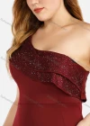 Wholesale Women's Elegant Plain One Shoulder Ruffle Trim Sleeveless Split Hem Rhinestone Mermaid Evening Dress - Liuhuamall