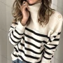 Wholesale Women's Casual Striped High Neck Buttons Decor Long Sleeve Sweater preview