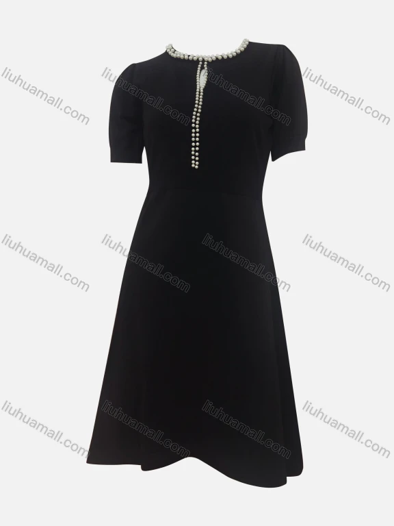 Wholesale Women's Elegant Plain Crew Neck Short Sleeve Pearl Decor High Waist Midi Dress
