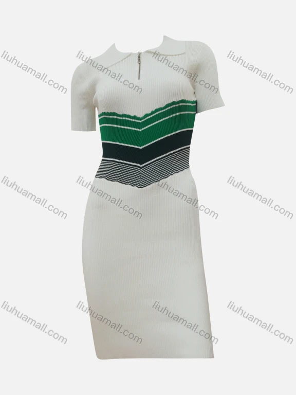 Wholesale Women's Casual Chevron Colorblock Polo Neck Short Sleeve Quarter Zip High Waist Knit Dress